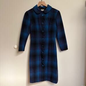 Vintage 1960s Blue and Black Plaid Wool Coat Dress With Peter Pan Collar